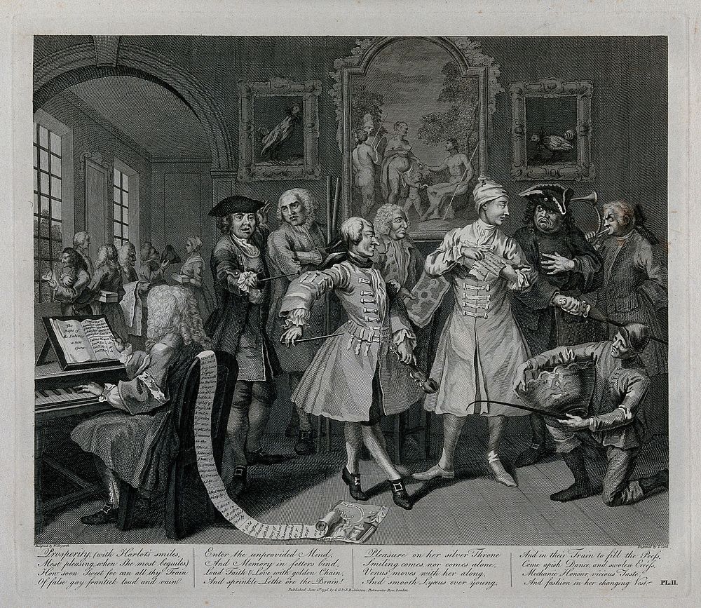 Tom Rakewell's morning levee (his nightcap is still on his head). Engraving by T. Cook after W. Hogarth.