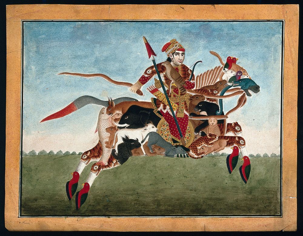 A warrior galloping on a horse whose body is formed from a variety of animals, including birds and fish. Gouache painting by…
