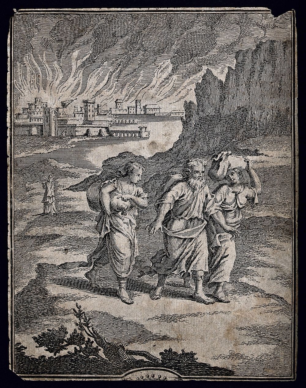 Lot and his daughters leave Sodom as it burns; Lot's wife stays behind to look at it. Etching.