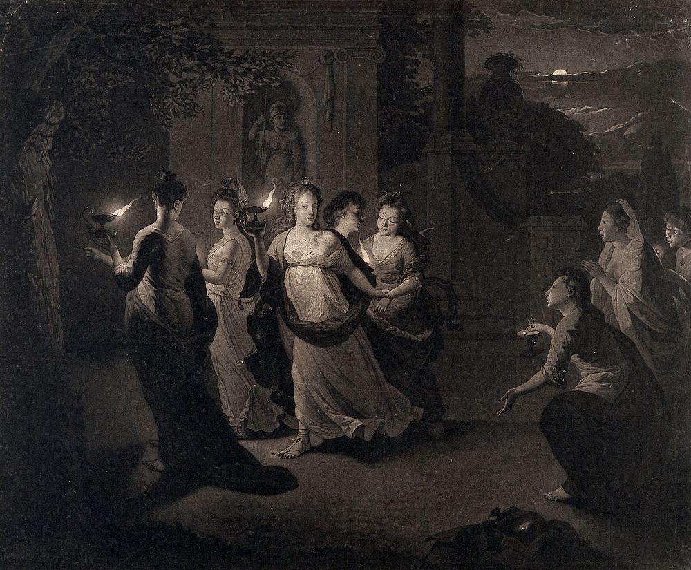 The wise and foolish virgins. Mezzotint by V. Green after G. Schalcken.