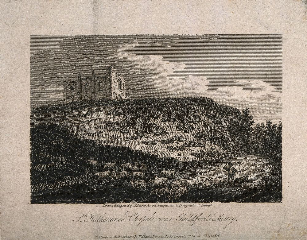 St. Catherine's Chapel, Artington, Surrey: sheep being herded past the ruins. Line engraving by J. Storer, 1808, after…