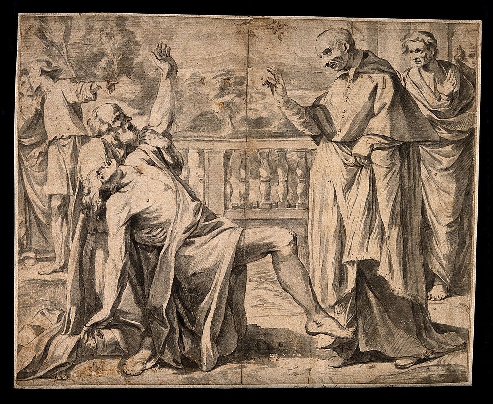 An epileptic being restrained by another man is brought before a priest to be blessed. Ink drawing.