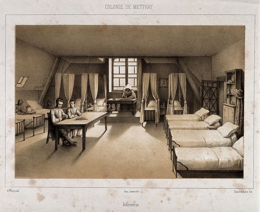 Mettray penal colony, Mettray, France: the infirmary. Tinted lithograph by Sauvé & Faivre after A. Thierry.