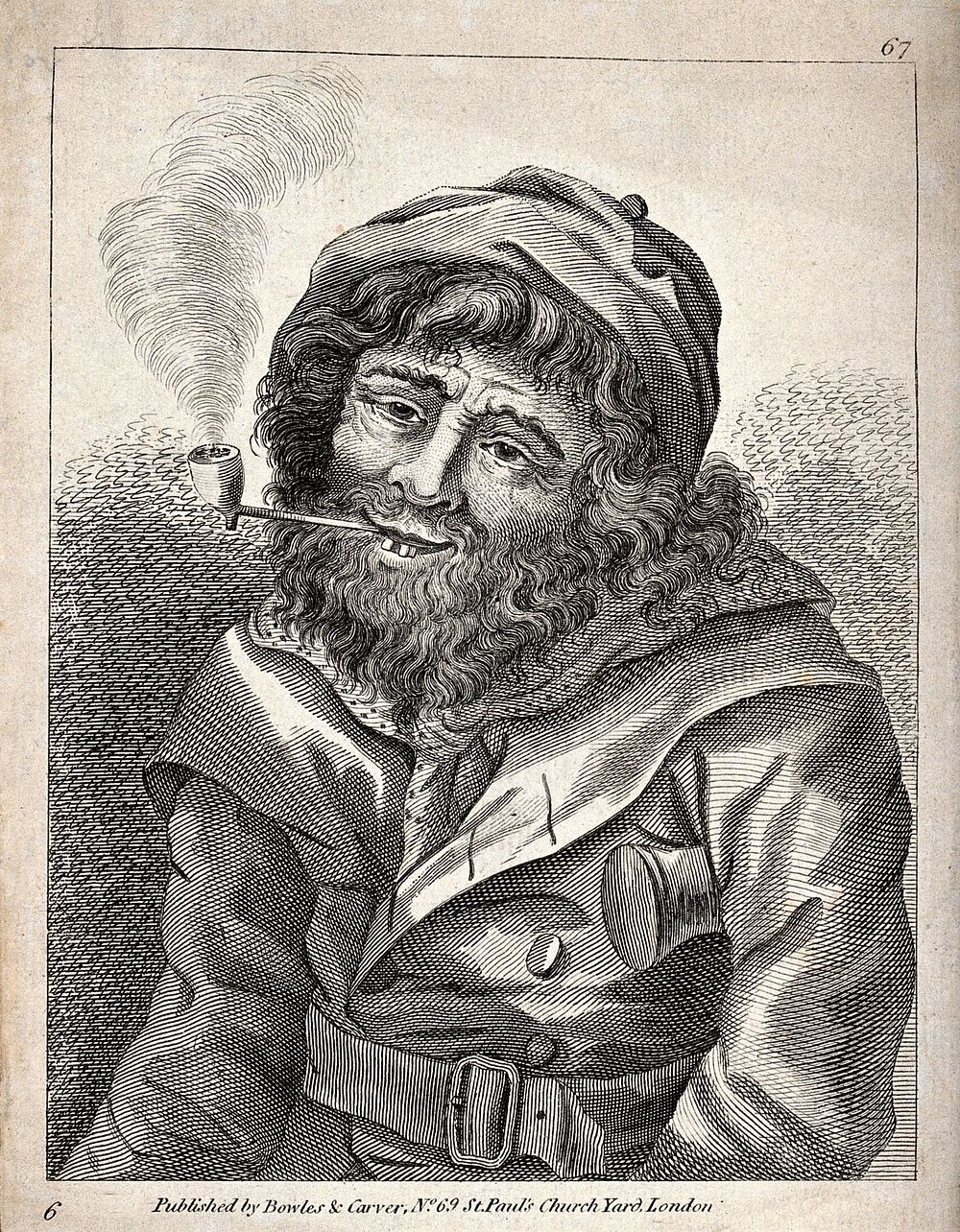 A seated man in a double-breasted coat smoking a pipe while he rests on a crutch under his left arm. Line engraving with…