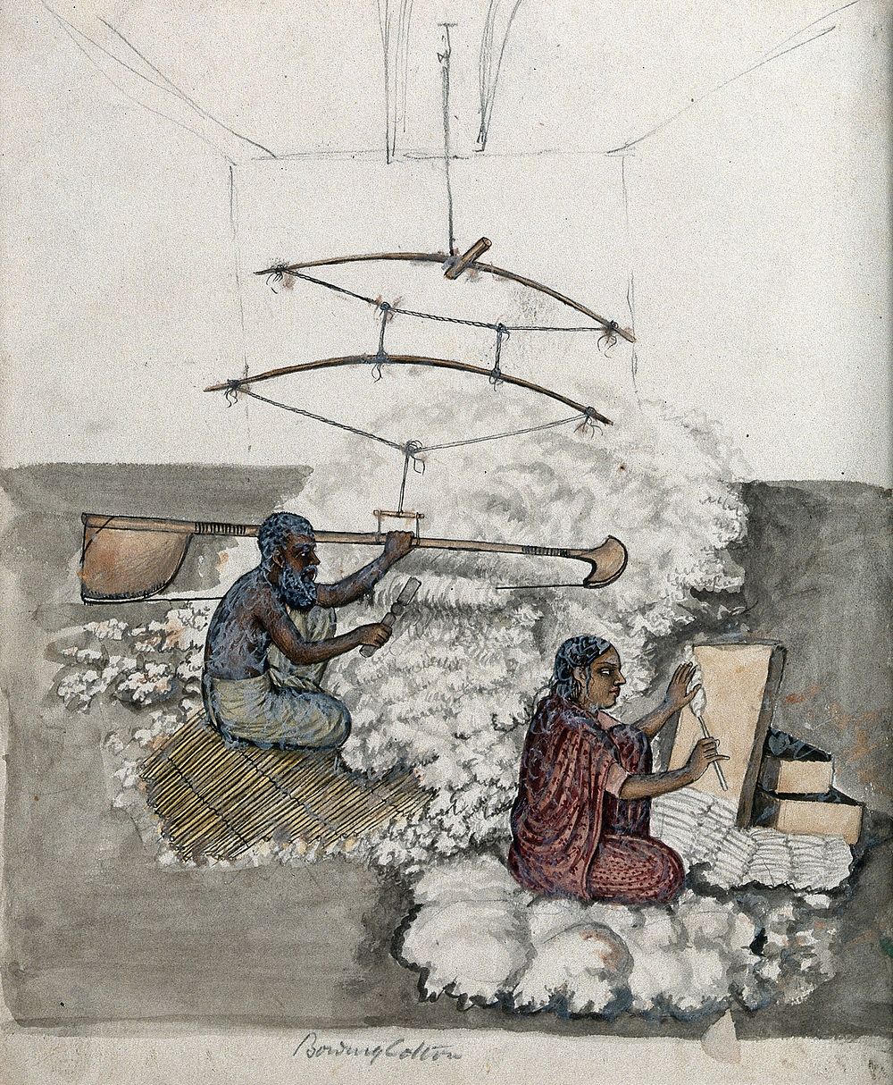 A man and a woman making cotton. Watercolour by an Indian artist.