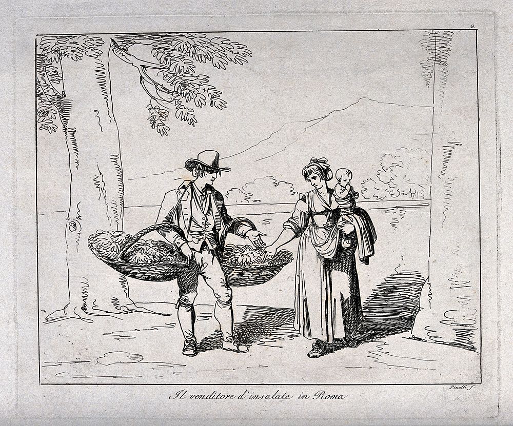 A woman carrying a child in Lazio is buying salad greens from a vendor carrying produce in large baskets. Etching by B.…