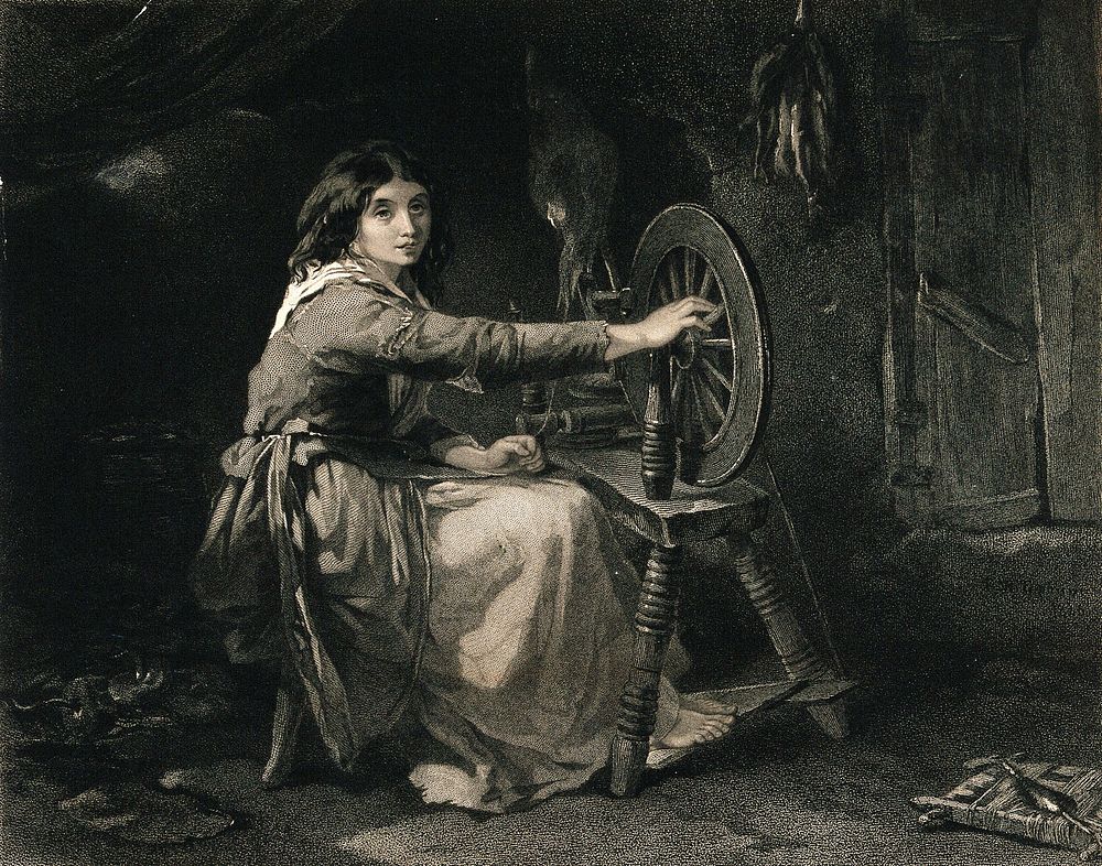 A young Irish woman working at a spinning wheel. Engraving by Francis Holl after F.W. Topham.