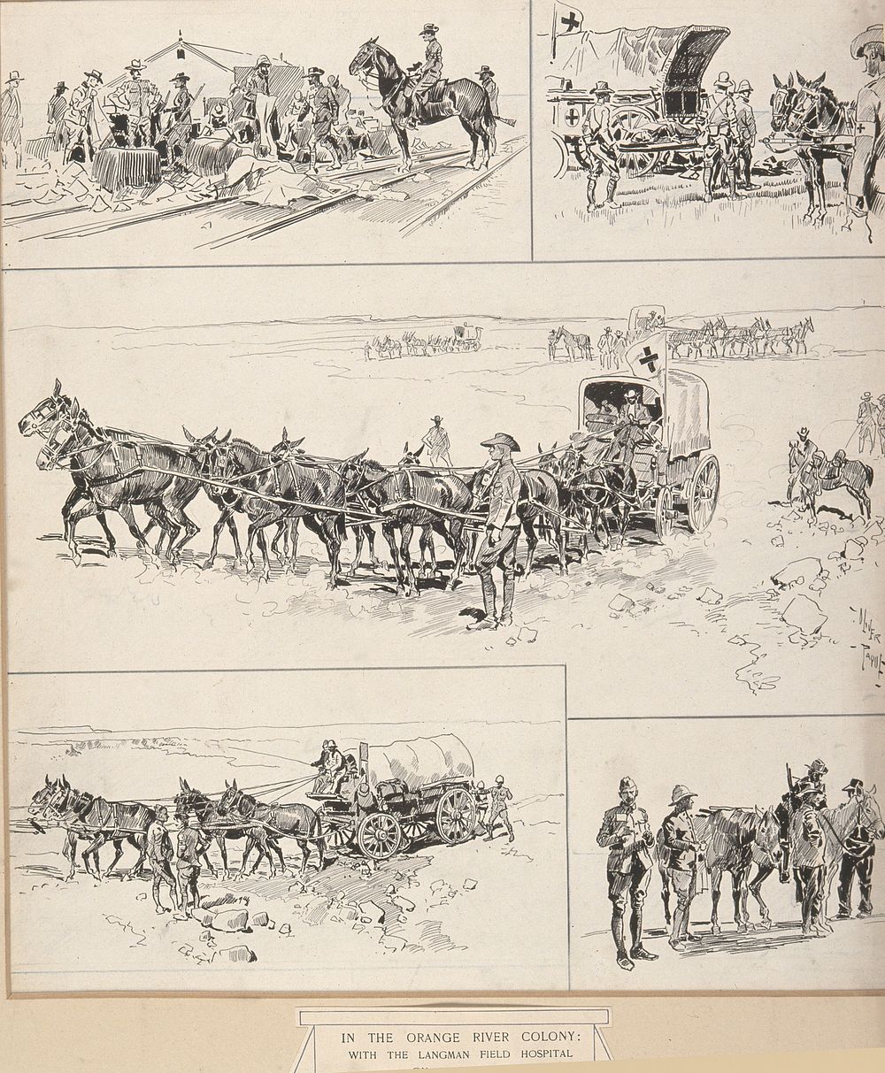Boer War: five sketches of the ambulance service and Langman Field Hospital within the Orange River Colony. Pen and ink…