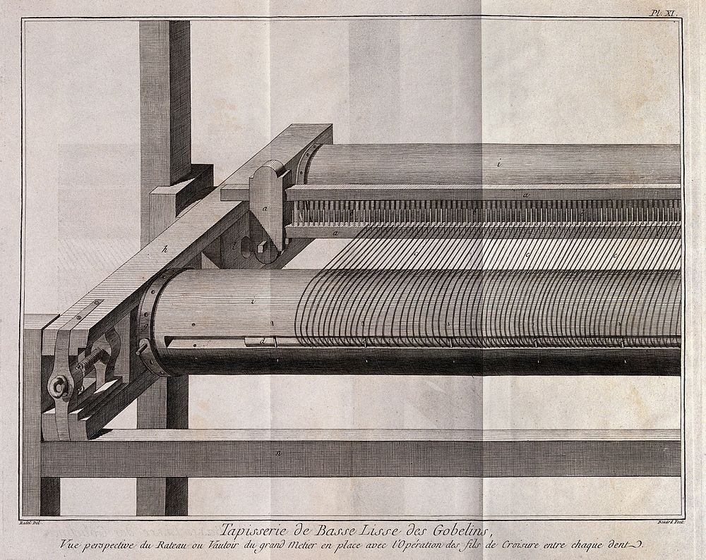 Textiles: tapestry weaving, detail of the top beam of a loom. Engraving by R. Benard after Radel.