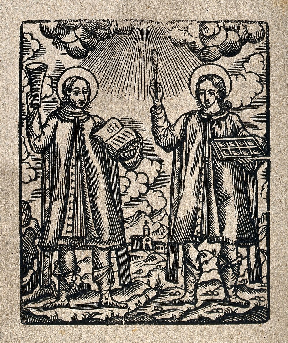 Saint Cosmas and Saint Damian. Woodcut.