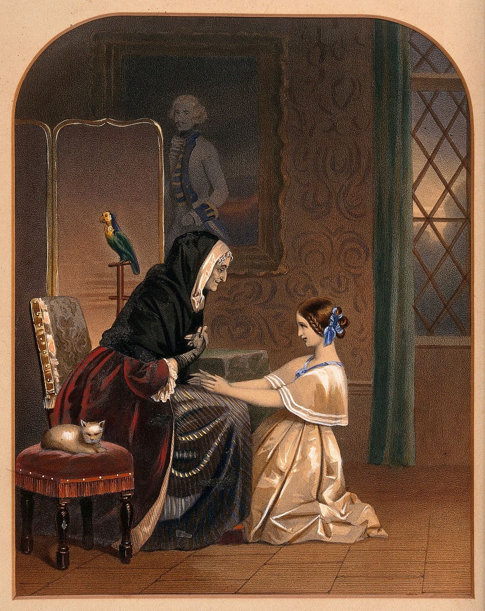 A girl kneels on the floor in front of an old lady holding her hands in her lap. Chromolithograph.