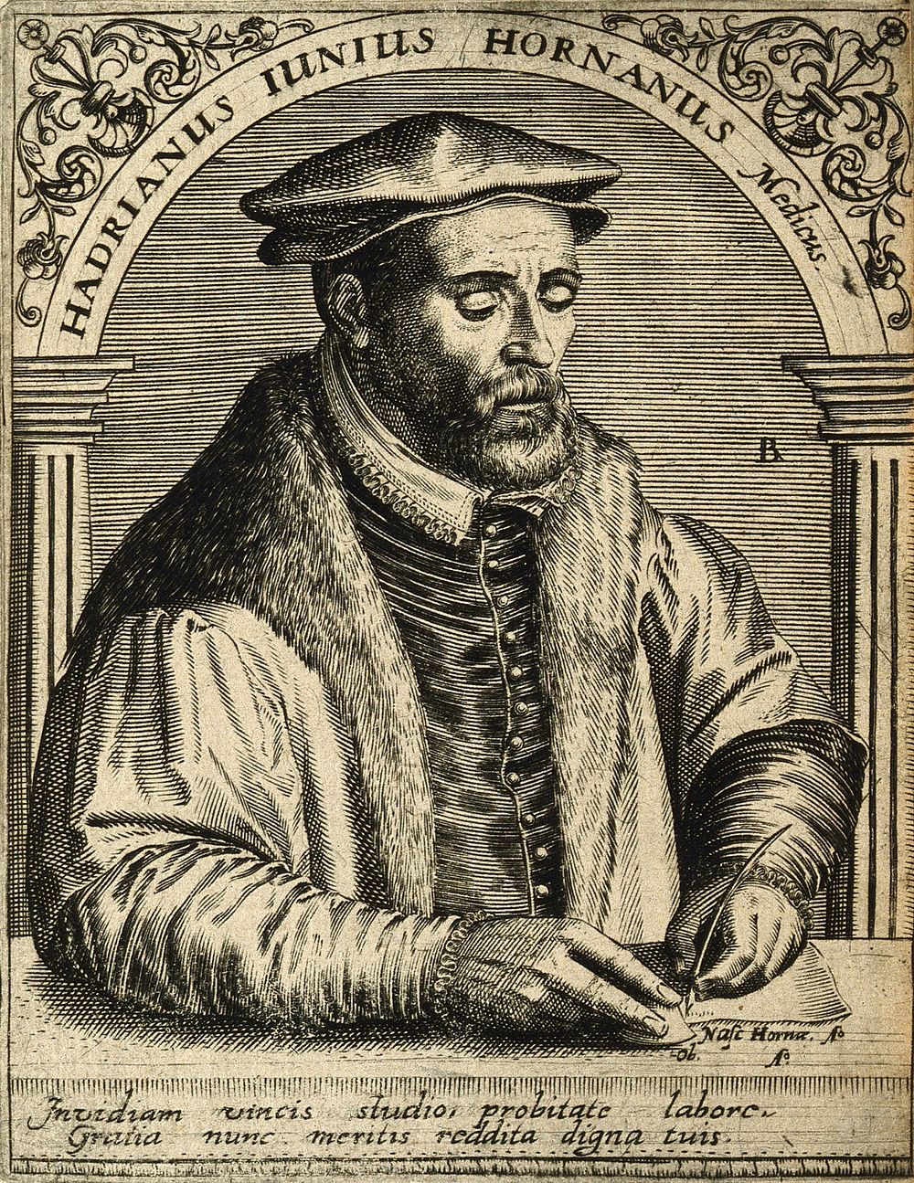 Adrianus Junius [Adriaen de Jonghe]. Line engraving by T. de Bry.