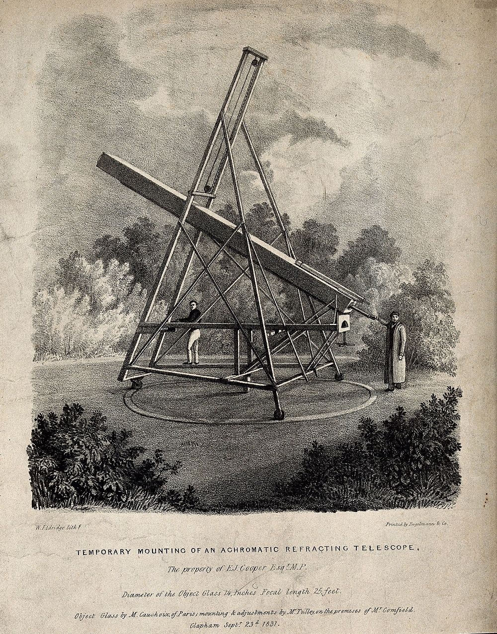 Astronomy: a large refracting telescope, in use outdoors. Lithograph by W. Eldridge, 183-.