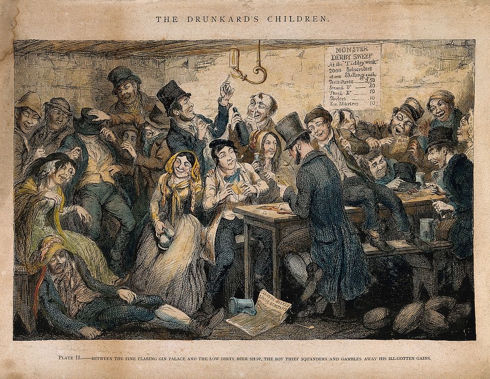 A drunken scene in a beer shop with a young thief gambling. Coloured etching by G. Cruikshank, 1848, after himself.