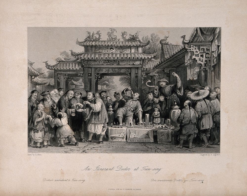 An itinerant medicine vendor selling his wares with the aid of assistants and snakes to a captivated audience, Tianjin…