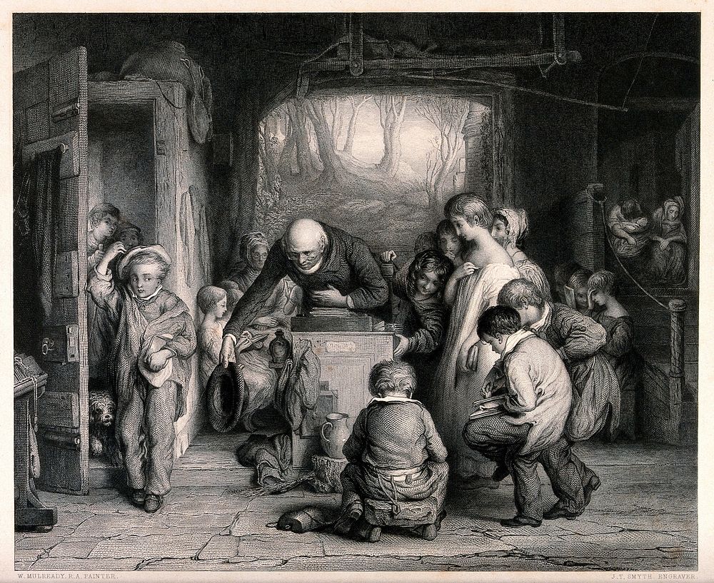 A boy arrives late into a room where the master and other boys are already present. Engraving by J.T. Smyth after W.…