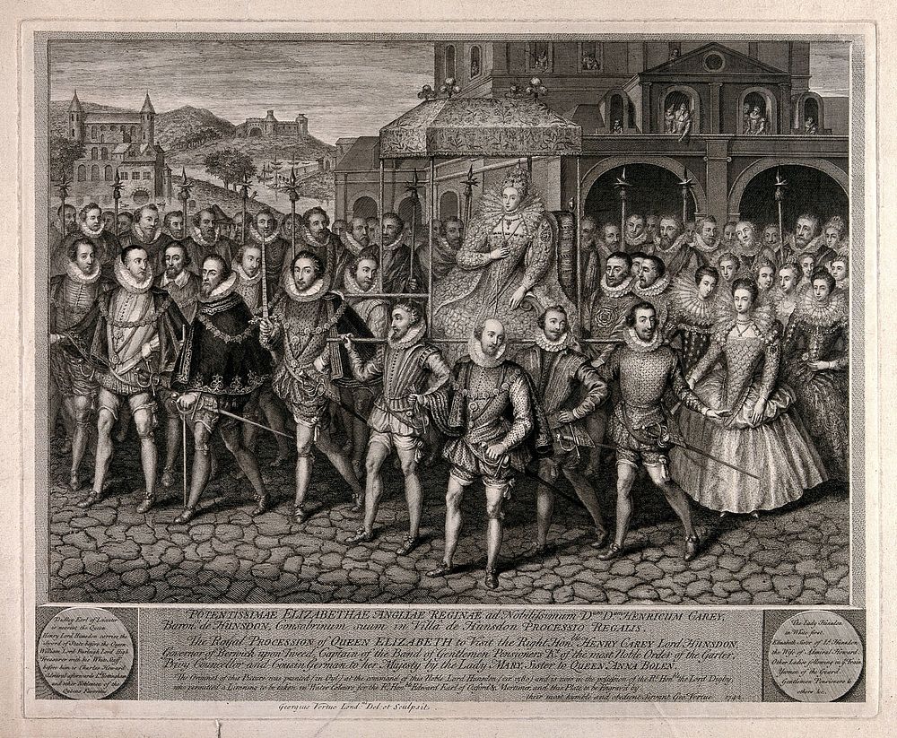 The visit of Queen Elizabeth I to Lord Hunsdon (for his marriage at Blackfriars in 1600). Engraving by G. Vertue after R.…