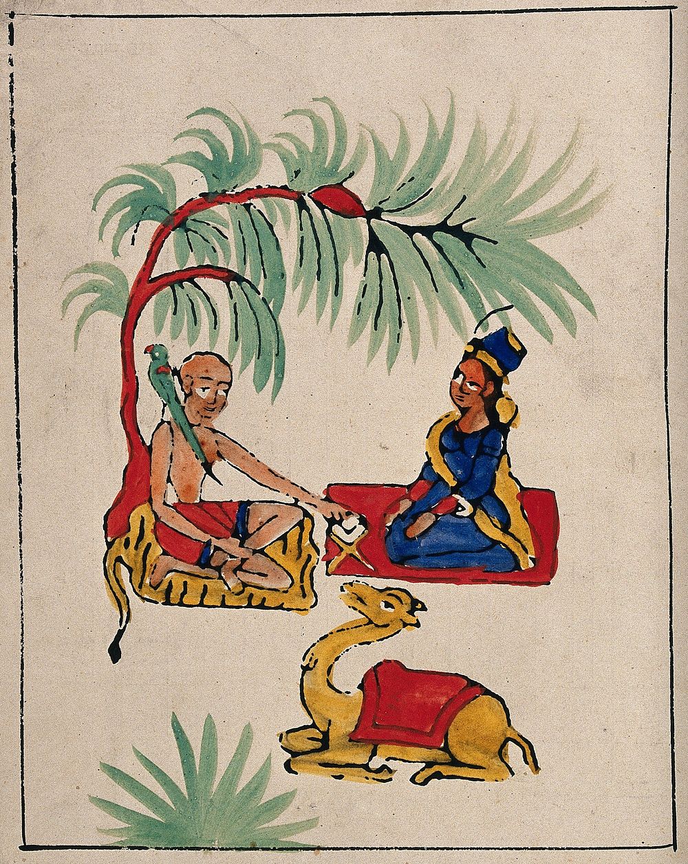 A woman getting advice from a hermit sitting under a tree. Gouache painting by an Indian painter.