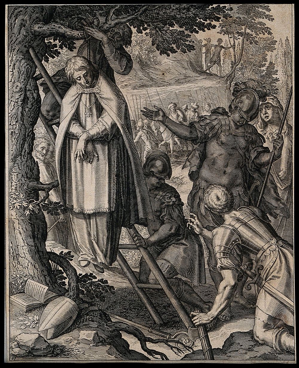 The hanging of Saint Maximus of Salzburg; Roman soldiers and other figures in the foreground, an army in the background.…