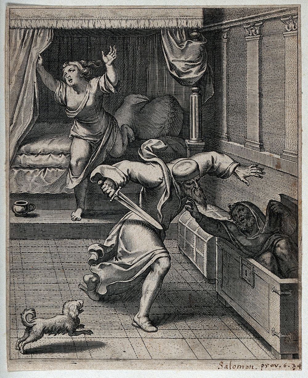 A furious cuckold rushes at his rival with a sword; representing vice as its own punishment. Engraving after O. van Veen…