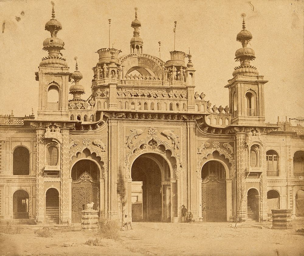 Kaiser Bagh, Lucknow, India: an ornate gateway decorated with images of fish. Photograph by Felice Beato, 1858.