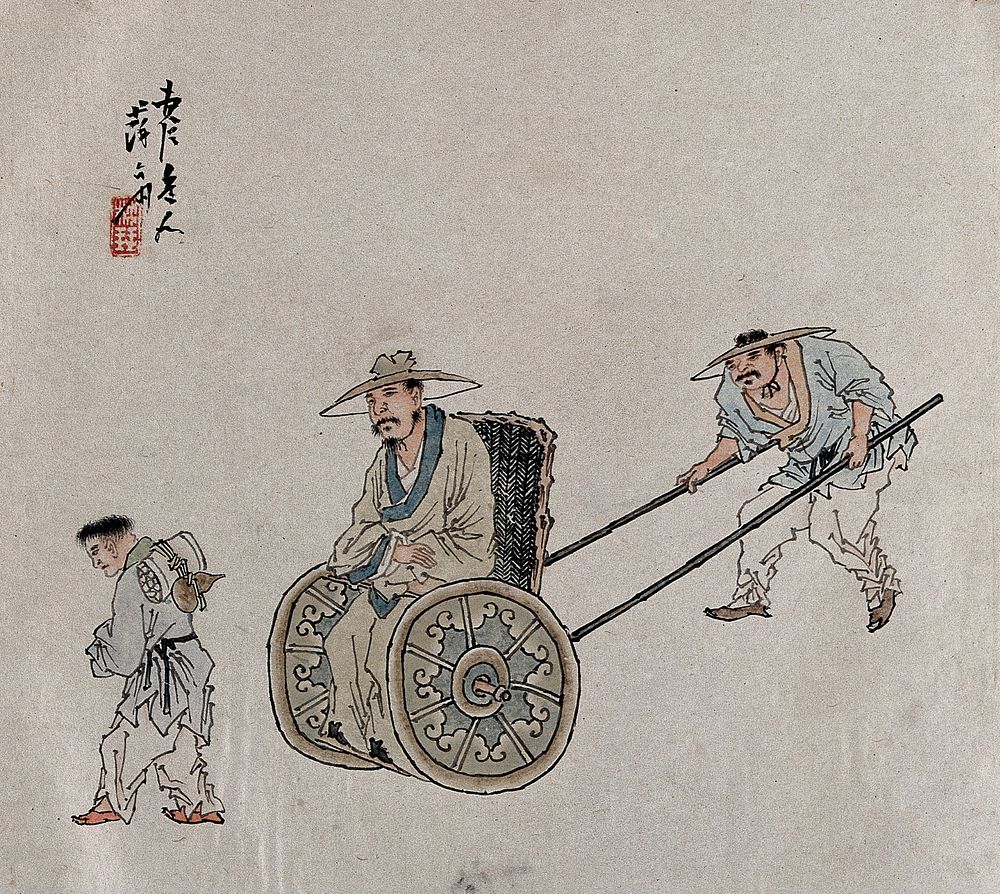 A figure is pushed in a wheelchair. A painting by a Chinese artist, ca. 1850.