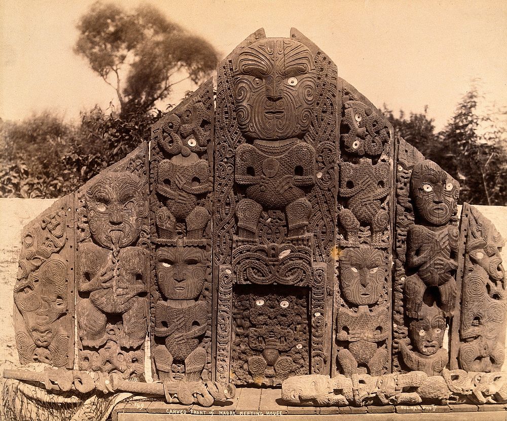 New Zealand: the carved front of a Maori meeting house. Albumen print.