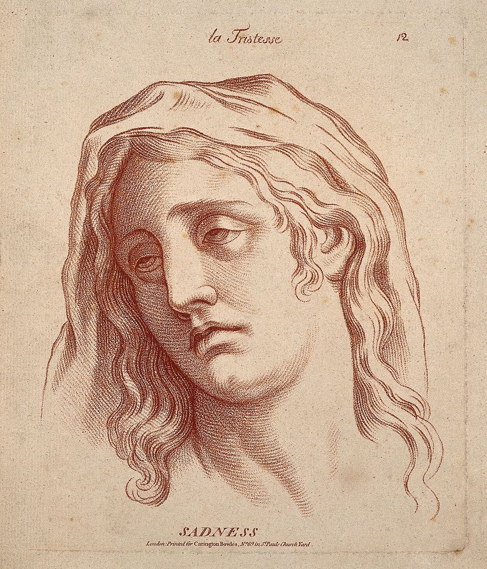 A woman whose face expresses sadness. Crayon manner print by W. Hebert, c. 1770, after C. Le Brun.
