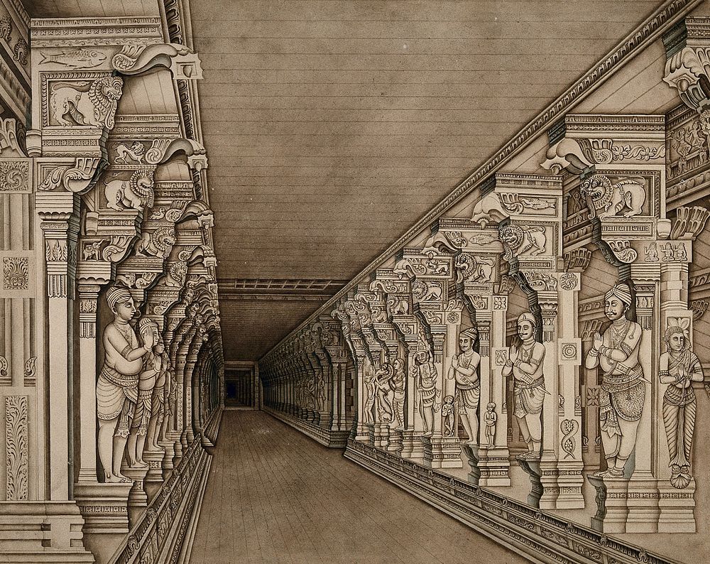 Rameshwaram: inner view of the long temple corridors. Drawing by an Indian artist.