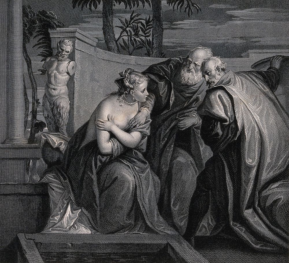 Susanna molested by the elders. Engraving after P. Caliari, il Veronese.