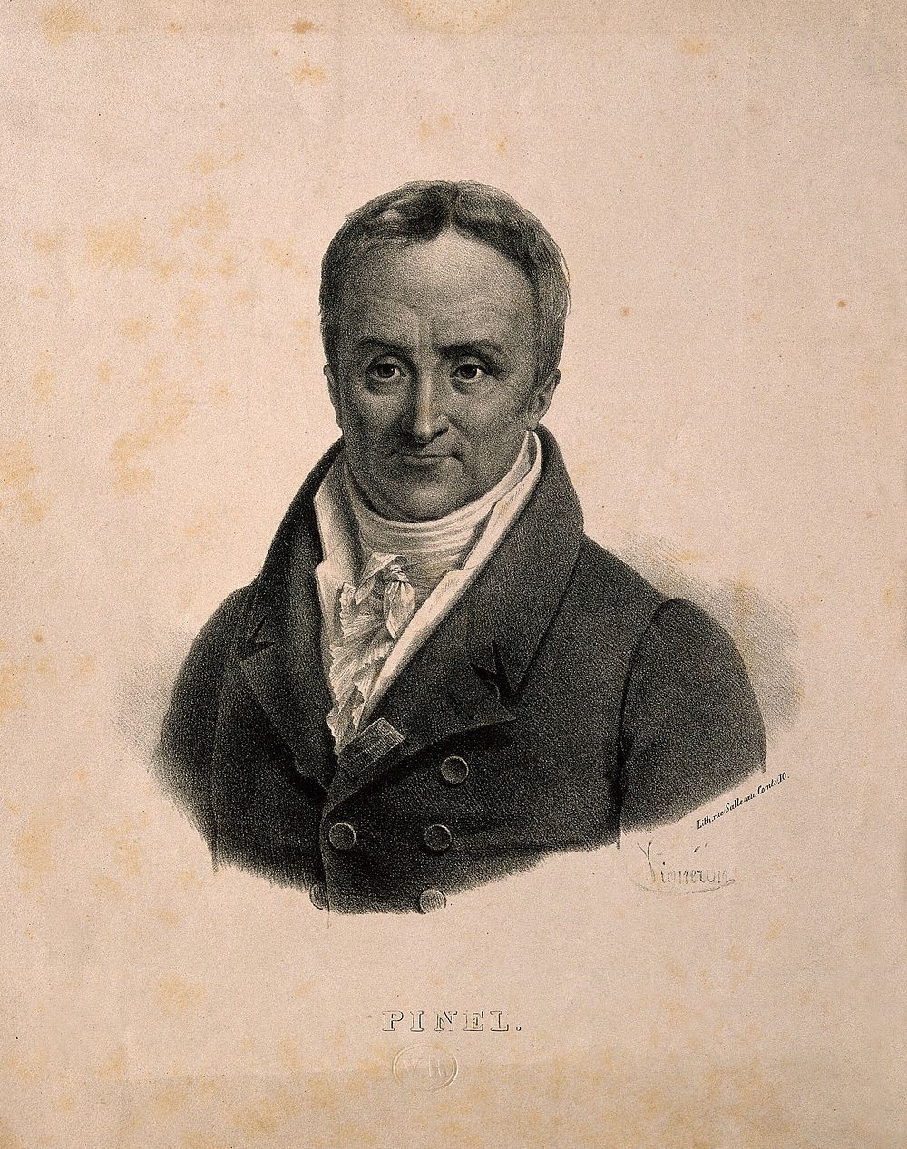 Philippe Pinel. Lithograph by P. R. Vignéron.
