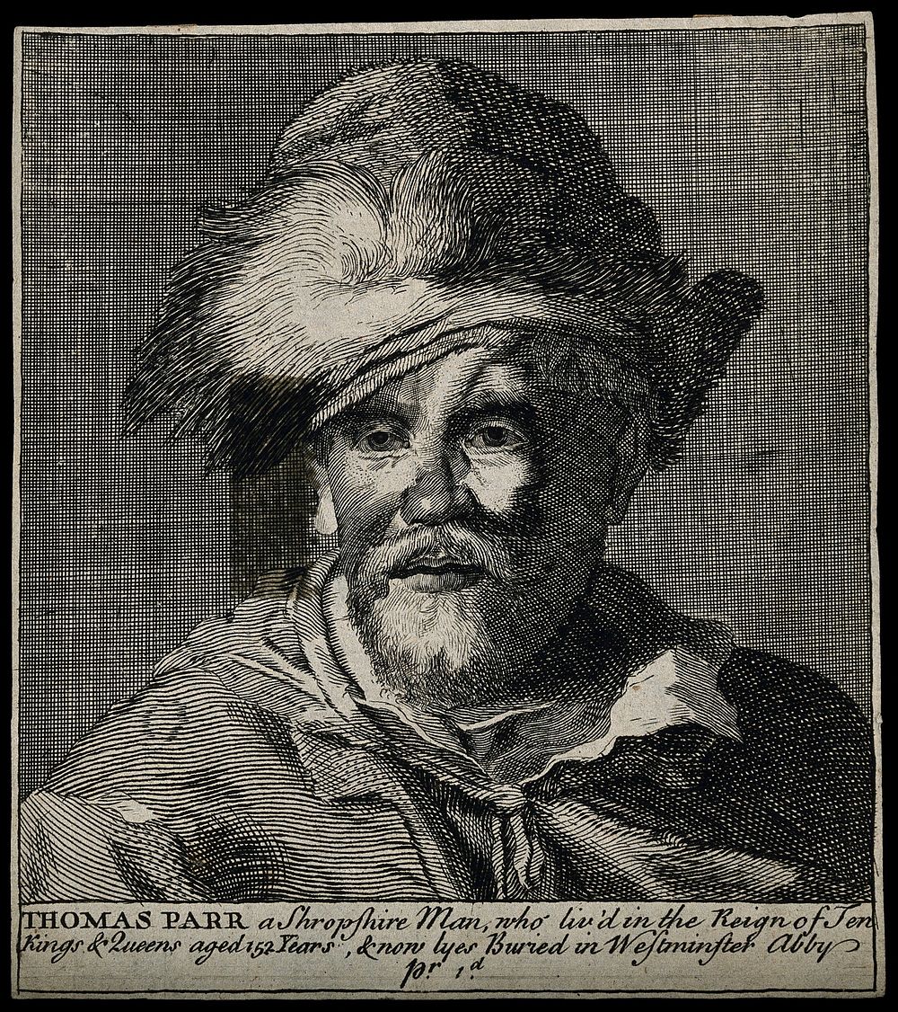Thomas Parr, said to have lived 152 years. Line engraving.