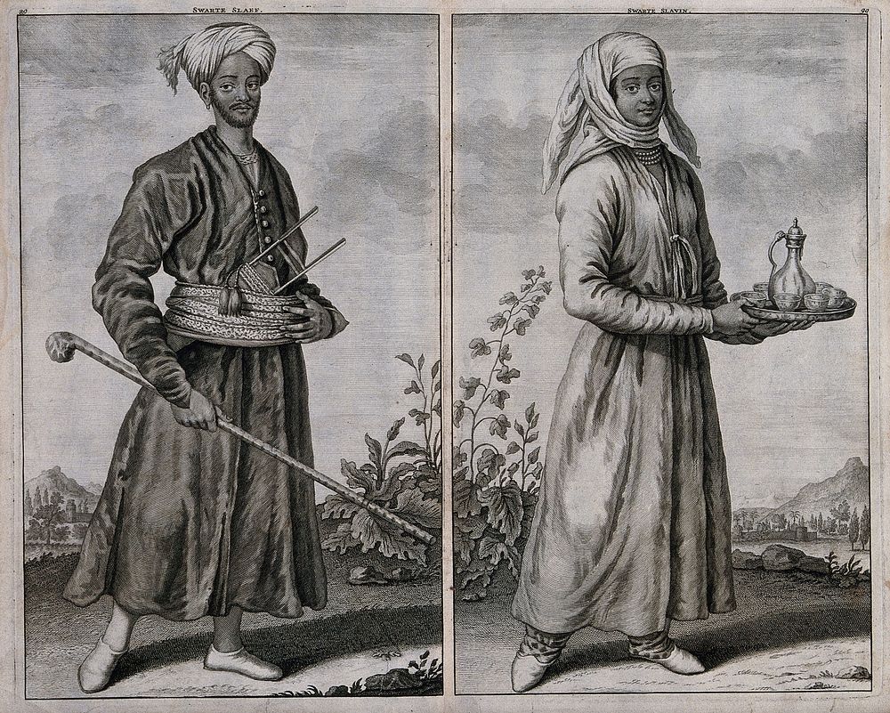 Two people in Persia described as black slaves: a man wearing a turban with a staff in his hand, and a woman carrying a tea…