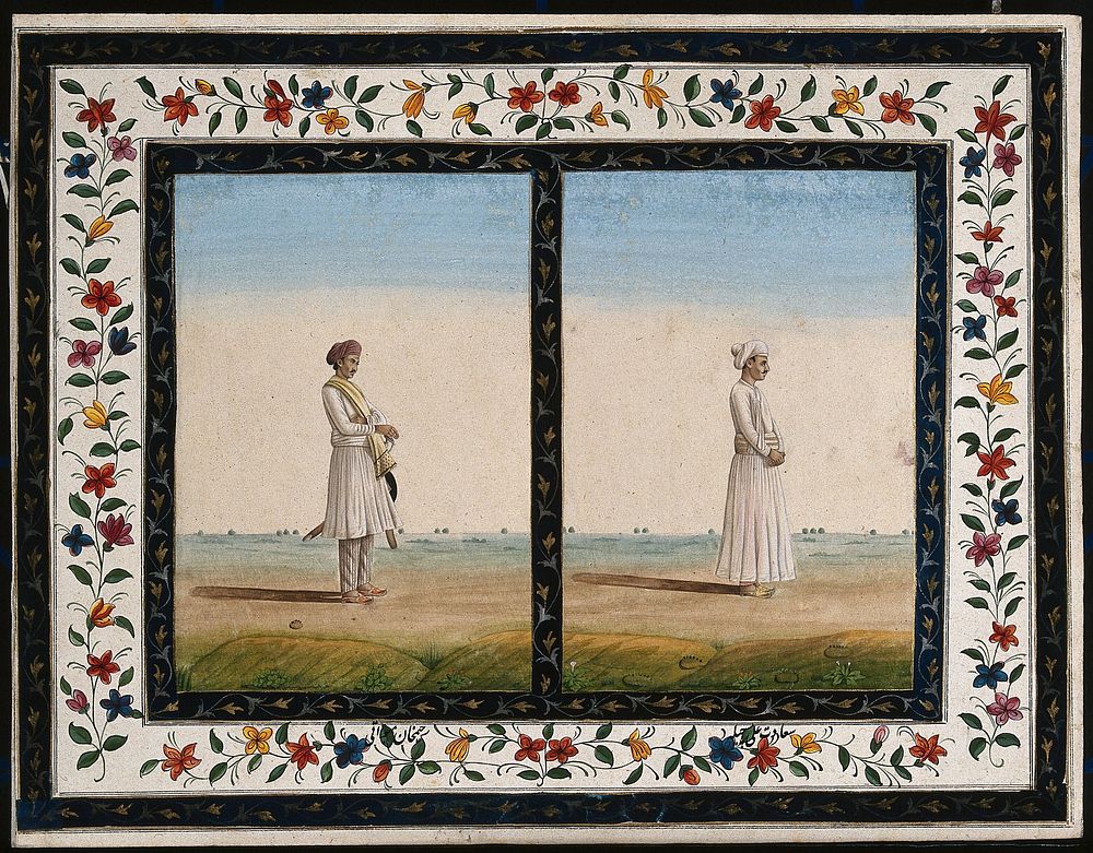 Two Indian men in profile to right: (left) a man with a sword and (right) a man standing. Gouache painting by an Indian…