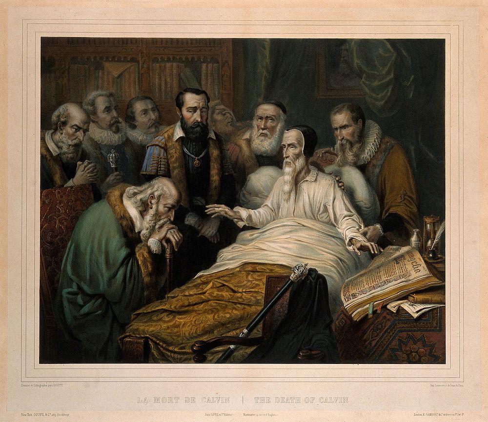 Jean Calvin on his deathbed, with eight men in attendance. Lithograph by Jacott, 1850.