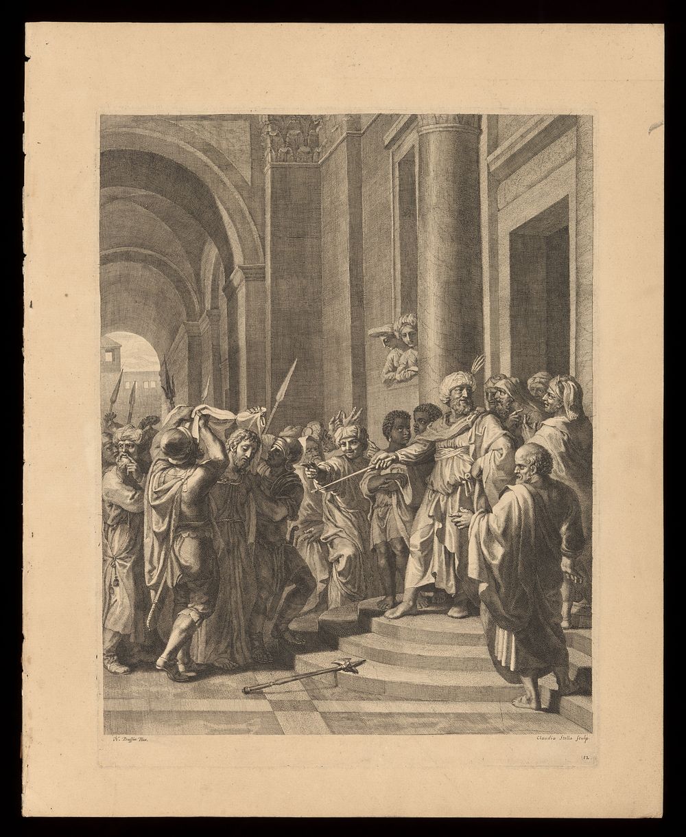 Pontius Pilate interrogates Jesus and finds no fault in him. Engraving by C. Bouzonnet Stella after J. Stella.