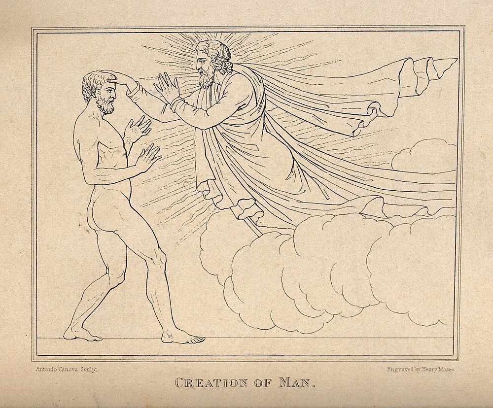 God creates man, his hand inspiring life into the head of Adam. Etching by H. Moses after A. Canova.