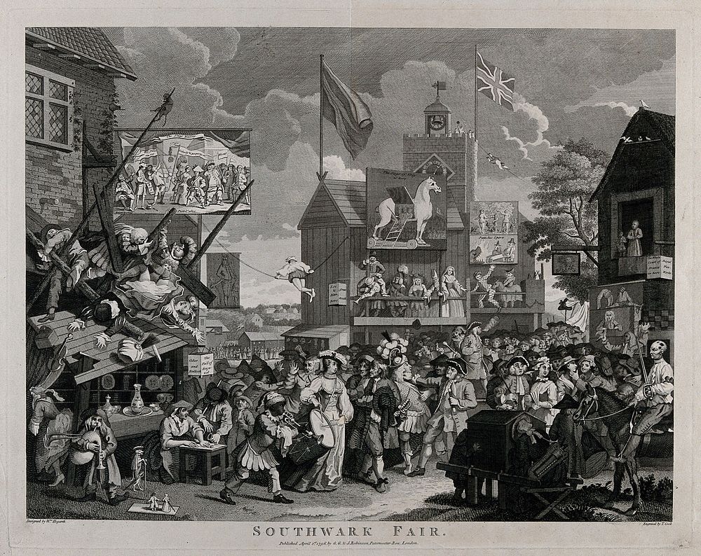 Southwark Fair, a renowned place of amusement, with a variety of theatrical establishments. Engraving by T. Cook after W.…