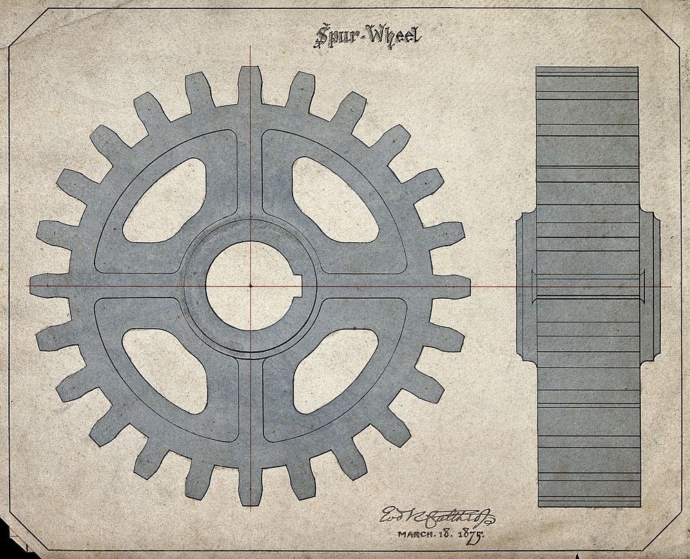 Engineering: a large cogwheel, front and side elevations. Coloured drawing, 1875, by [].