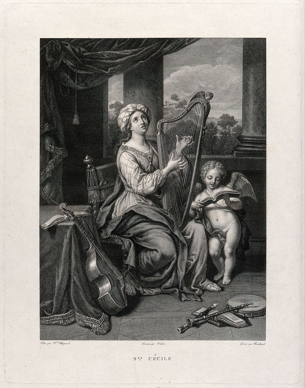 Saint Cecilia: she plays the harp, while an angel sings. Engraving by J. Bouillard, 1804, after Dubois after P. Mignard…