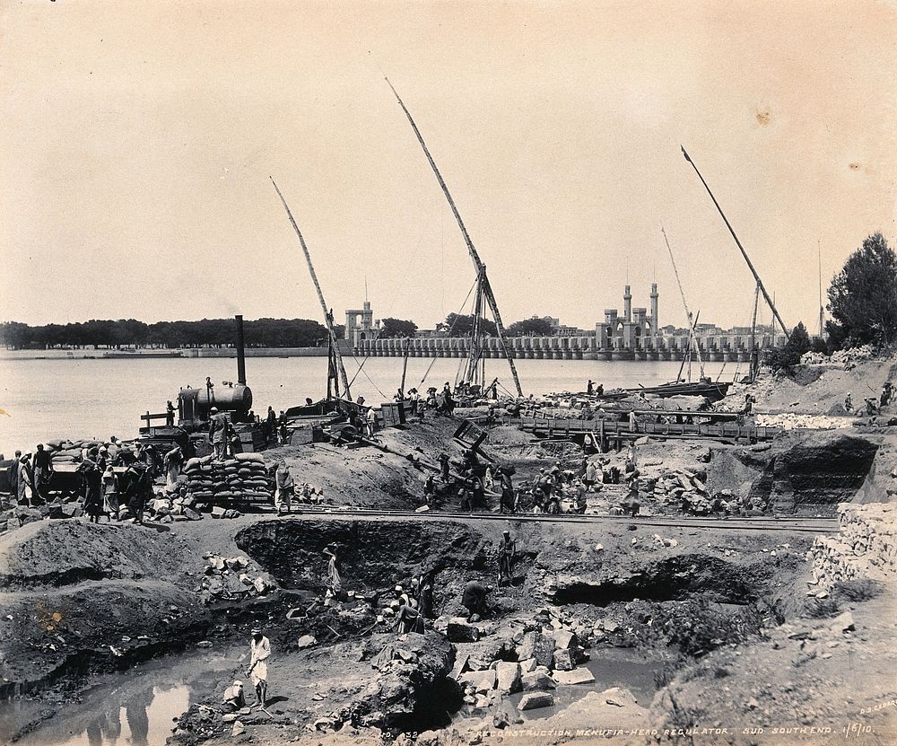 Menufia Canal, Egypt: reconstruction work to the first Aswan Dam. Photograph by D.S. George, 1910.