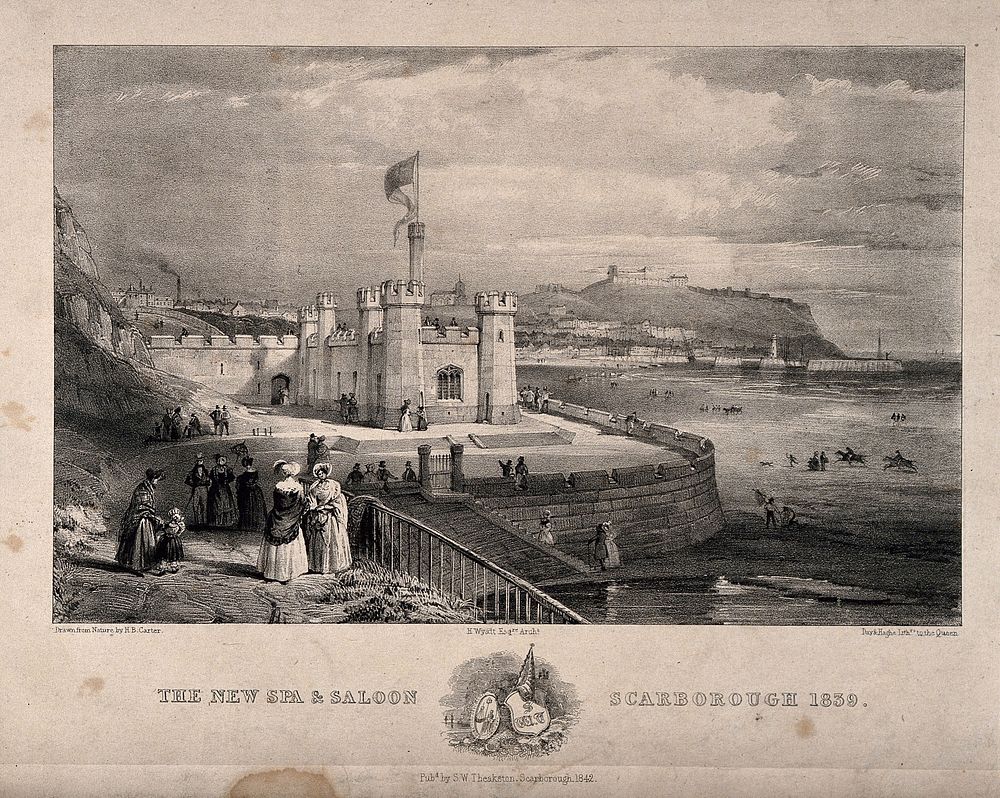 New Spa and Saloon, Scarborough, Yorkshire: panoramic view of the harbour. Lithograph by Day & Haghe, 1842, after H.B.…