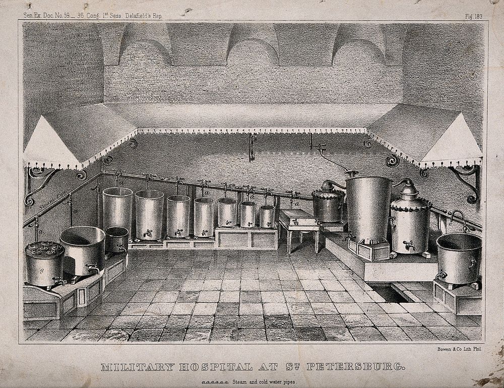 The interior of a room with steam and cold water pipes at a military hospital in St. Petersburg. Lithograph.