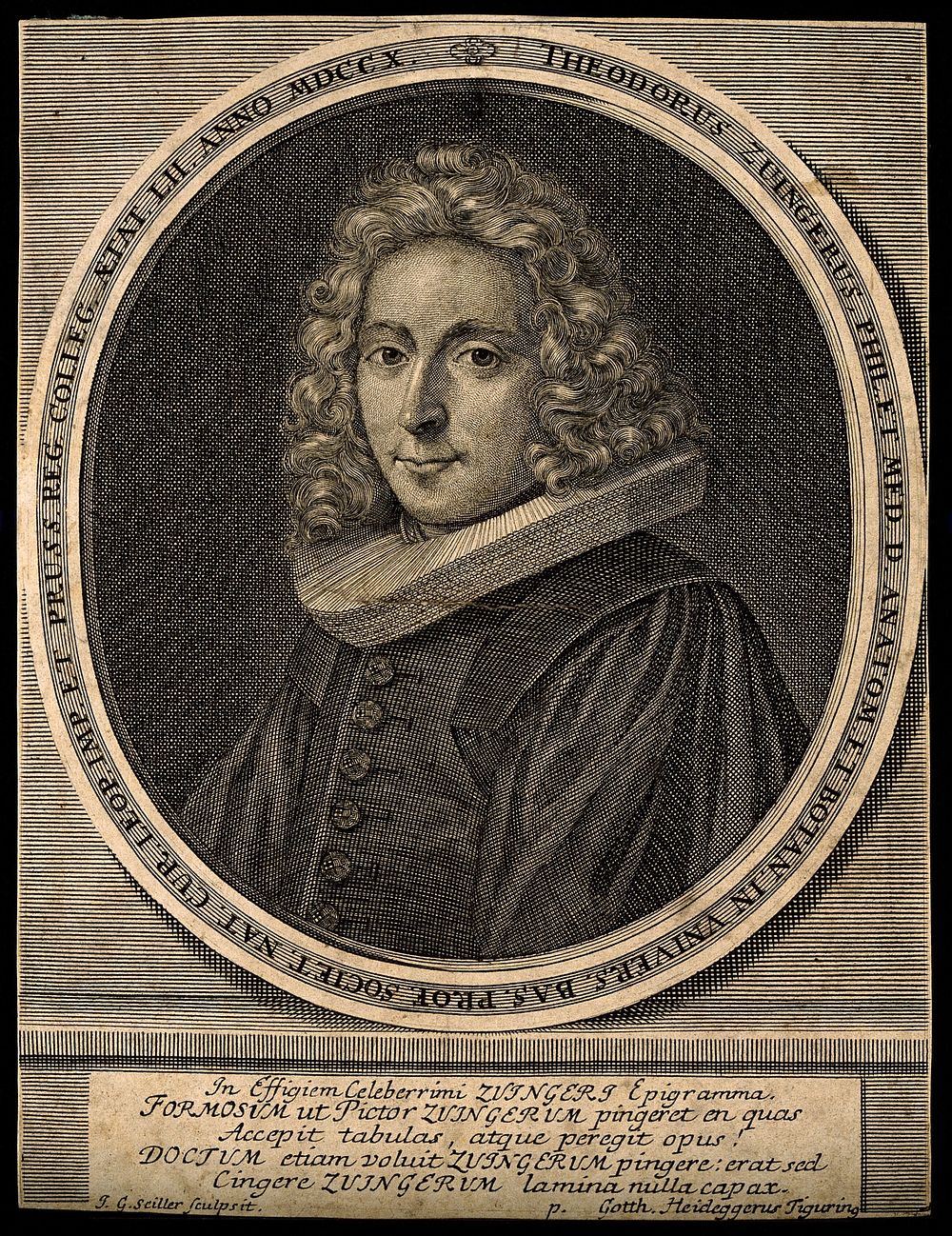 Theodor Zwinger, the younger. Line engraving by J. G. Seiller, 1731, after G. Brandmüller.