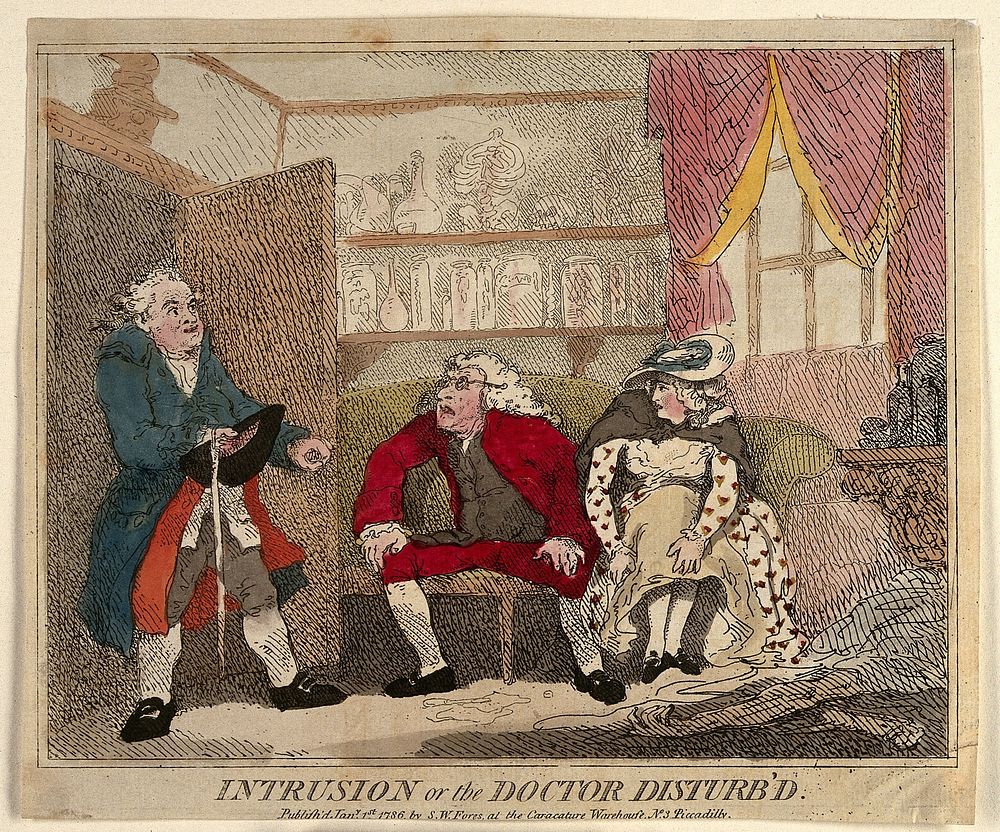 A man interrupting a doctor's misconduct with a young female patient. Coloured etching by T. Rowlandson, 1786.