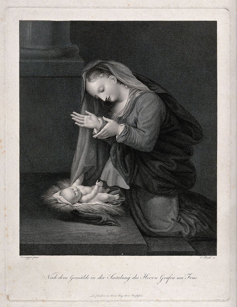 Saint Mary (the Blessed Virgin) with the Christ Child. Line engraving by C.H. Rahl after A. Allegri, il Correggio.