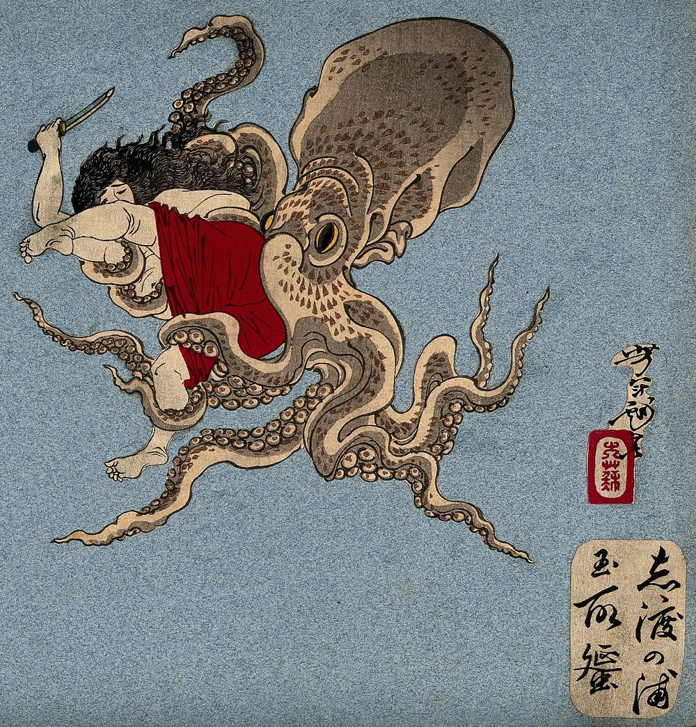 A woman abalone diver wrestling with an octopus. Colour woodcut by Yoshitoshi, 1870s.