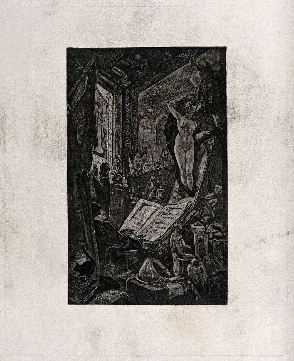 A magician in his gothic study conjuring demons: a naked woman appearing from a mirror. Soft ground etching by F. Rops.