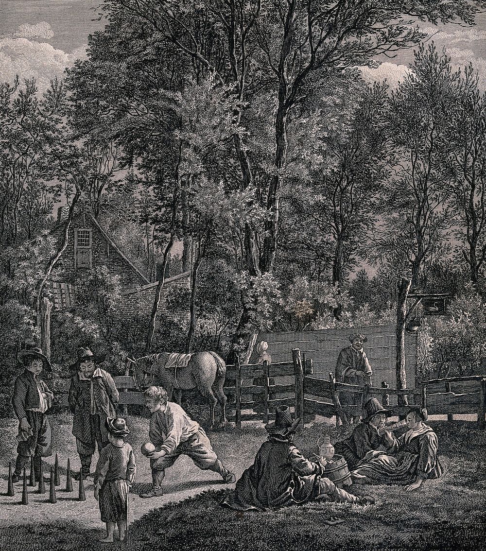 People playing a game of skittles (bowling) in the garden of an inn, as others sit on the grass drinking, smoking and…