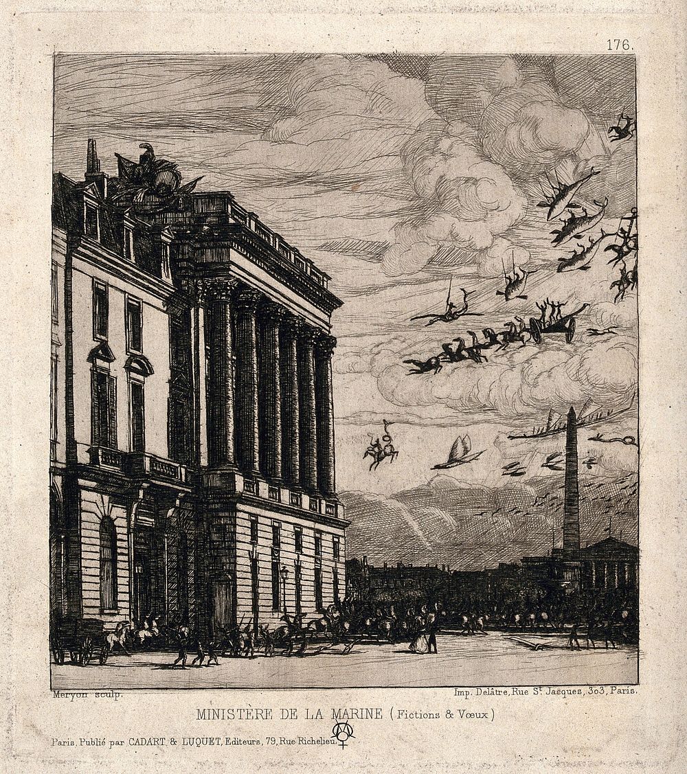 Place de la Concorde, Paris, with the Admiralty building being attacked by flying dragons, fish and horses. Etching by C.…